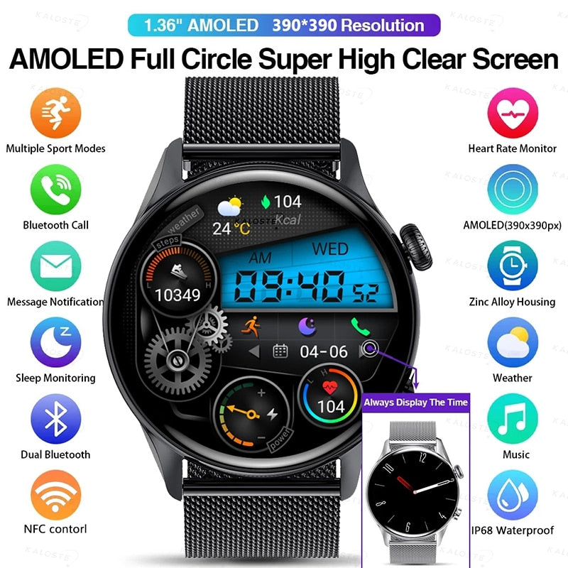 2022 New Smartwatch Mens 1.36 inch AMOLED 390*390 Screen Support Always On Display Smart Watch IP68 Waterproof For Huawei Xiaomi