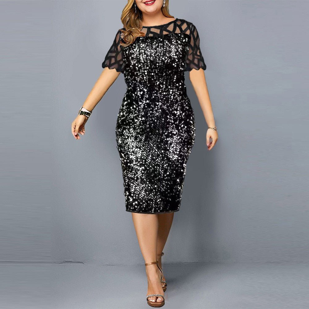 Plus Size Dresses Elegant Sequin Slim Party Dress for Women 2022 Summer Mesh Short Sleeve Midi Evening Club Dress Casual Outfits