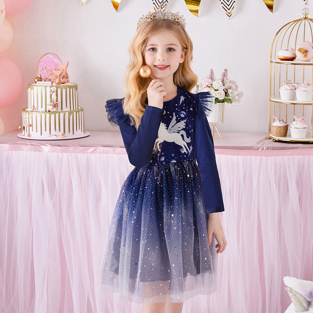 VIKITA Children Unicorn Dresses Girls Birthday Party Performance Prom Gown Elegant Dress Toddlers Long Sleeve Princess Dresses