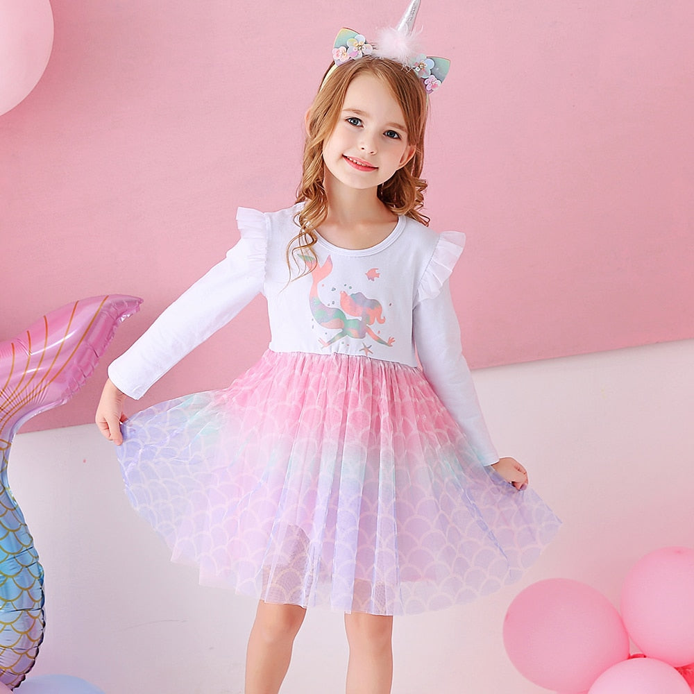 VIKITA Girls Princess Dress Unicorn Sequins Long Sleeve Autumn Dress Kids Birthday Party Wedding Tulle Dresses Children Clothing