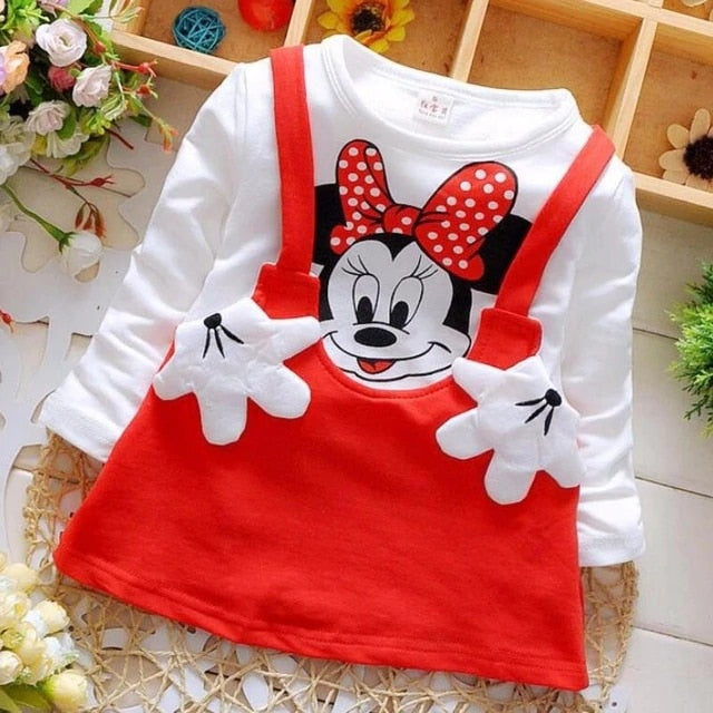 Baby Dresses Girl 2022 New Hot Fashion Cute Minnie Stitching Dress Pure Cotton Long Sleeve Female Baby Cartoon Print Mini Knee