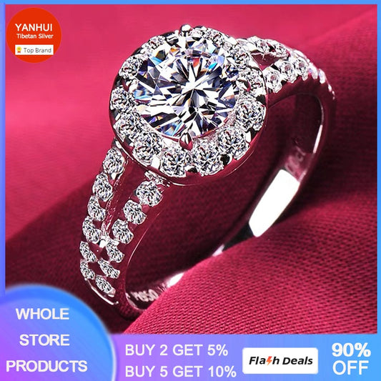 Original Certified Tibetan Silver Rings For Women Natural 2.0ct Cubic Zirconia Wedding Engagement Band Gift Jewelry Accessories