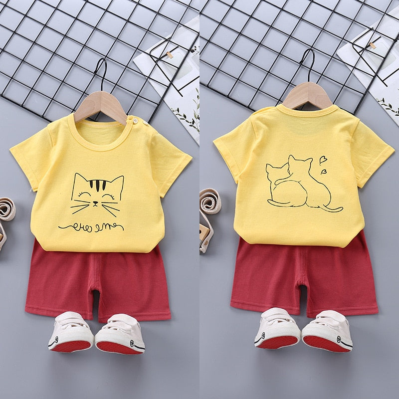 2022 Summer Baby Short-sleeved Shorts Suit Cotton Cartoon Casual Boys and Girls T-shirt Shorts Clothing Kids Clothing