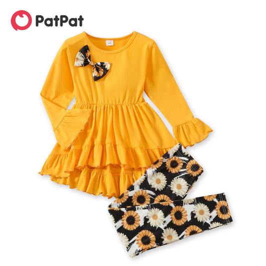 PatPat 2-piece Kid Girl Bowknot Design Ruffled Long Bell sleeves High Low Top and Floral Print Leggings Set