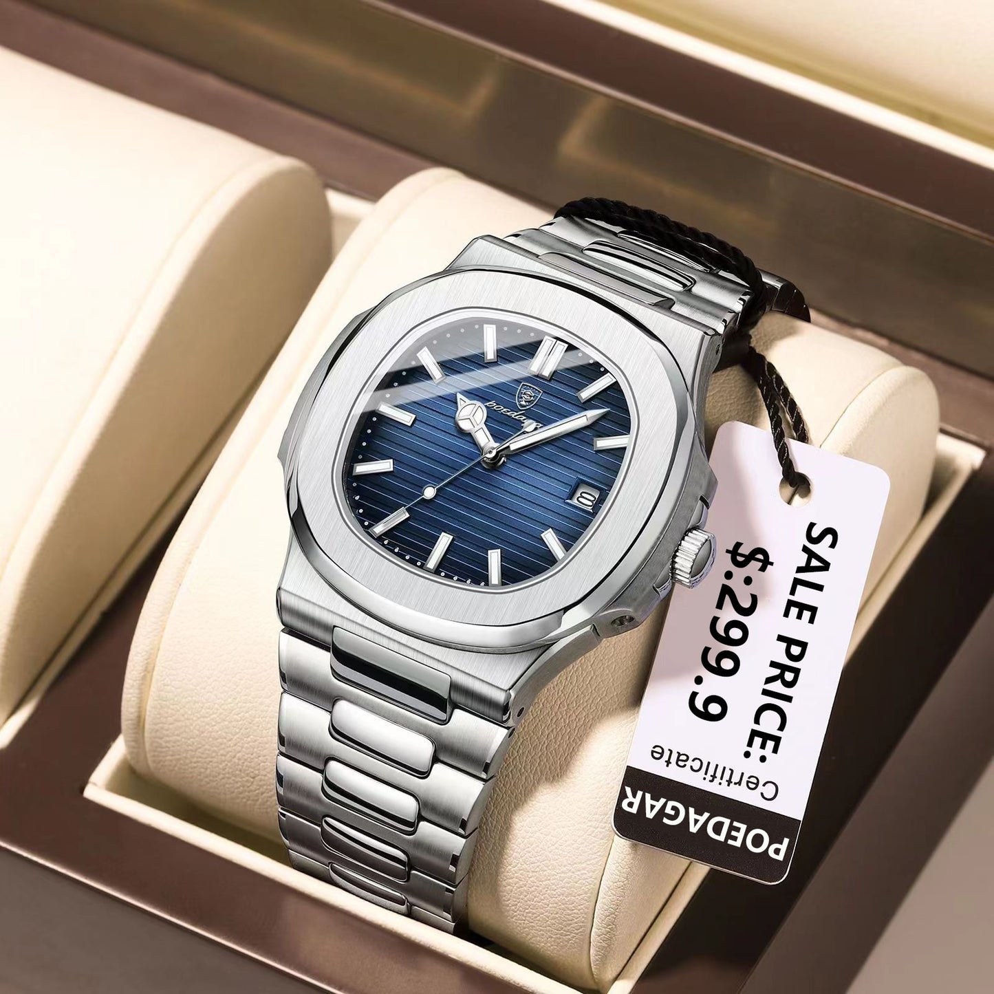 POEDAGAR Luxury Casual Watch Top Brand Fashion Square Dial Stainless Steel Calendar Luminous Waterproof Men Watch Male Clock+Box