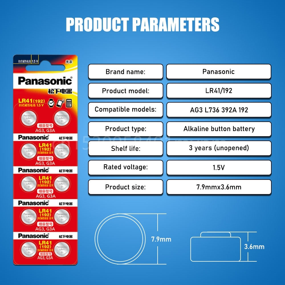 Panasonic Original LR41 192 AG3 G3A 92A SR41 L736 1.5V Button Coin Cells for Toys Clock Watch Scale Dry Primary Battery