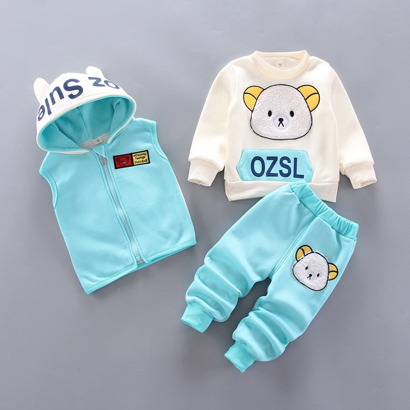 Autumn Winter Baby Boys Clothes Sets Thick Fleece Cartoon Bear Jacket Vest Pants 3Pcs Cotton Sport Suit For Girls Warm Outfits