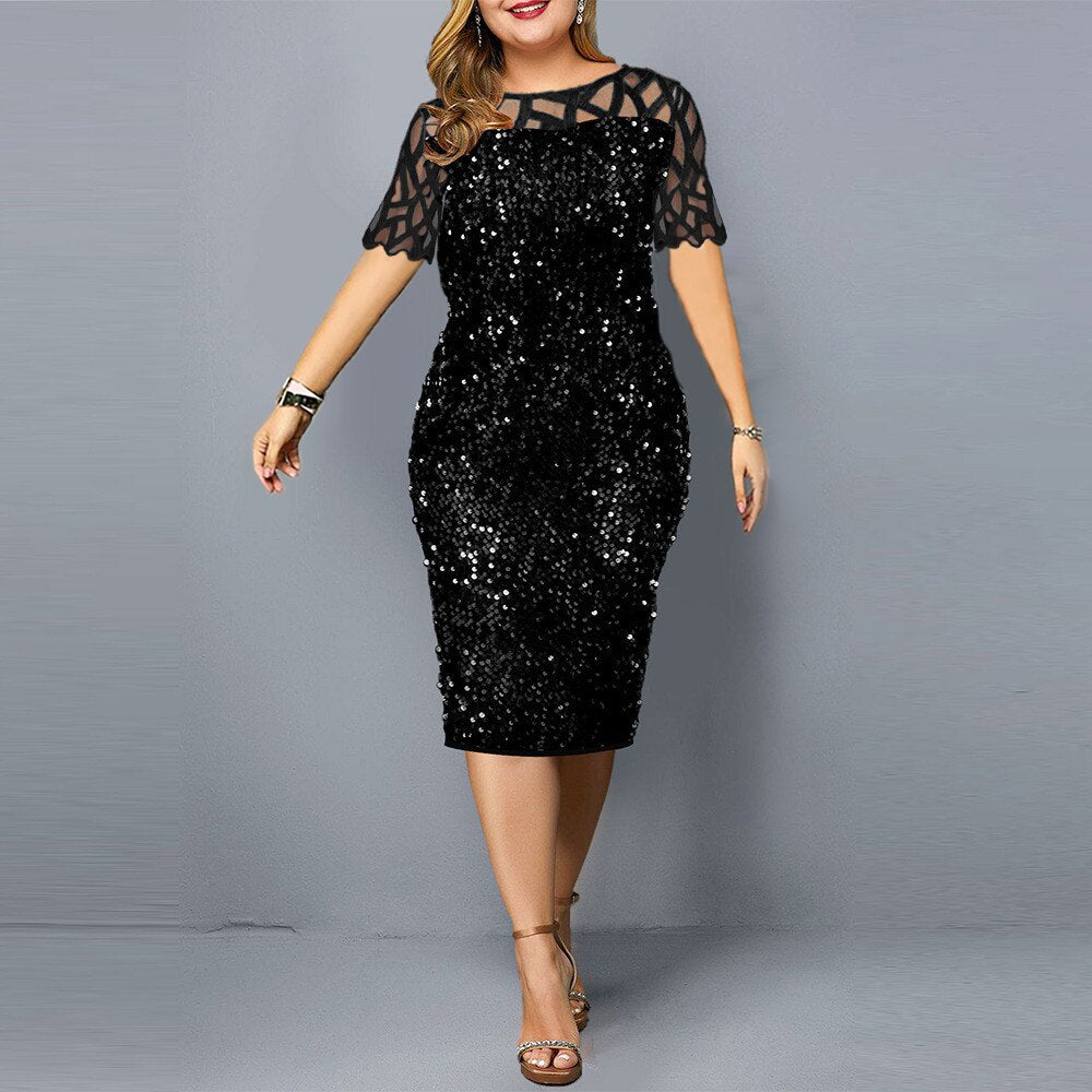 Plus Size Dresses Elegant Sequin Slim Party Dress for Women 2022 Summer Mesh Short Sleeve Midi Evening Club Dress Casual Outfits