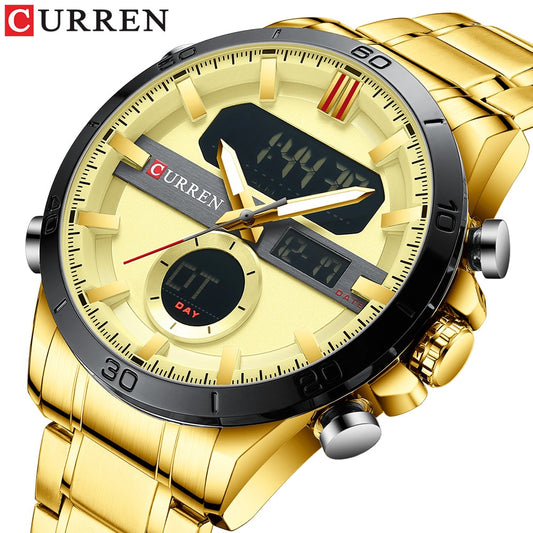 CURREN Fashion Sport Gold Men's Digital Watches with Stainless Steel Chronograph Luminou Wristwatch LED Male Wrist Watch For Men