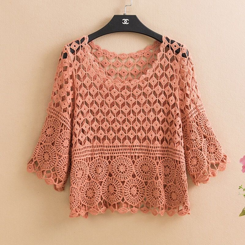 Spring and Summer Knitted Crochet Solid Color Hollow Jacket New Fashion Loose Round Neck Five-point Sleeve Handmade Top Female