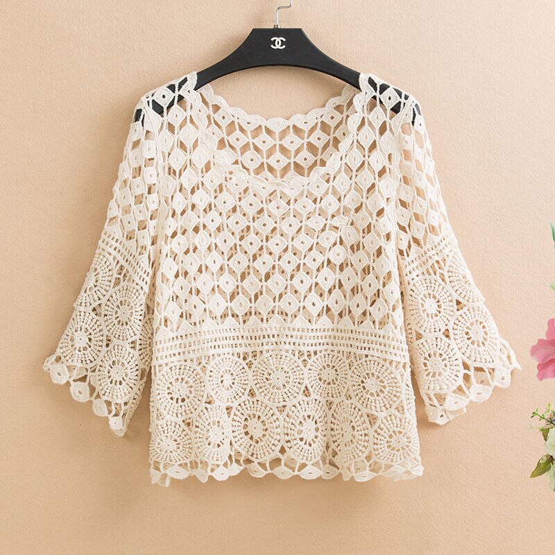 Spring and Summer Knitted Crochet Solid Color Hollow Jacket New Fashion Loose Round Neck Five-point Sleeve Handmade Top Female