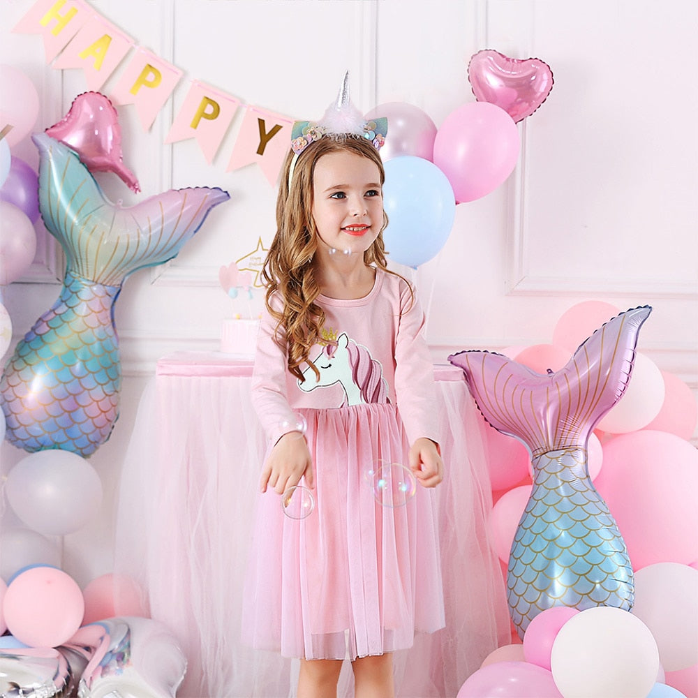 VIKITA Girls Princess Dress Unicorn Sequins Long Sleeve Autumn Dress Kids Birthday Party Wedding Tulle Dresses Children Clothing