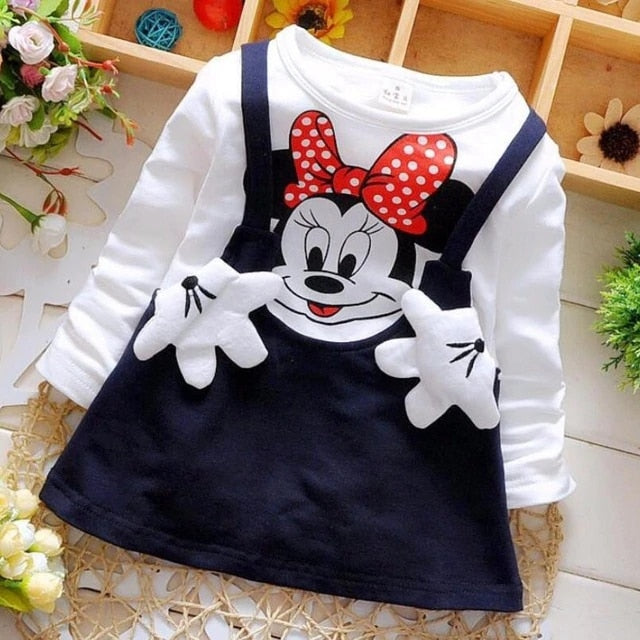 Baby Dresses Girl 2022 New Hot Fashion Cute Minnie Stitching Dress Pure Cotton Long Sleeve Female Baby Cartoon Print Mini Knee