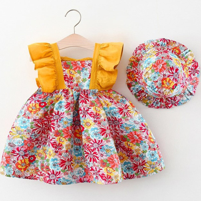 Summer Toddler Girl Clothes Set Baby Beach Dresses Cute Bow Plaid Sleeveless Cotton Newborn Princess Dress+Sunhat