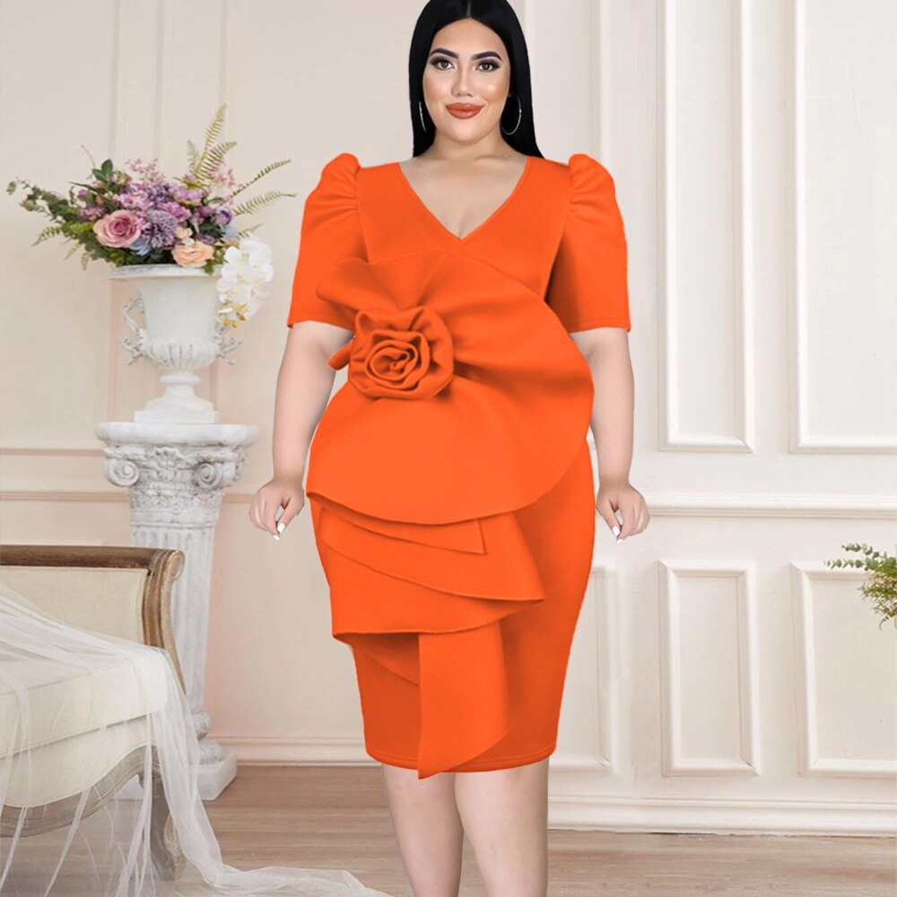 Pink Plus Size Dresses Women V Neck Short Puff Sleeve Big Flower Knee Length Outfits for Ladies Evening Birthday Party Gowns 4XL