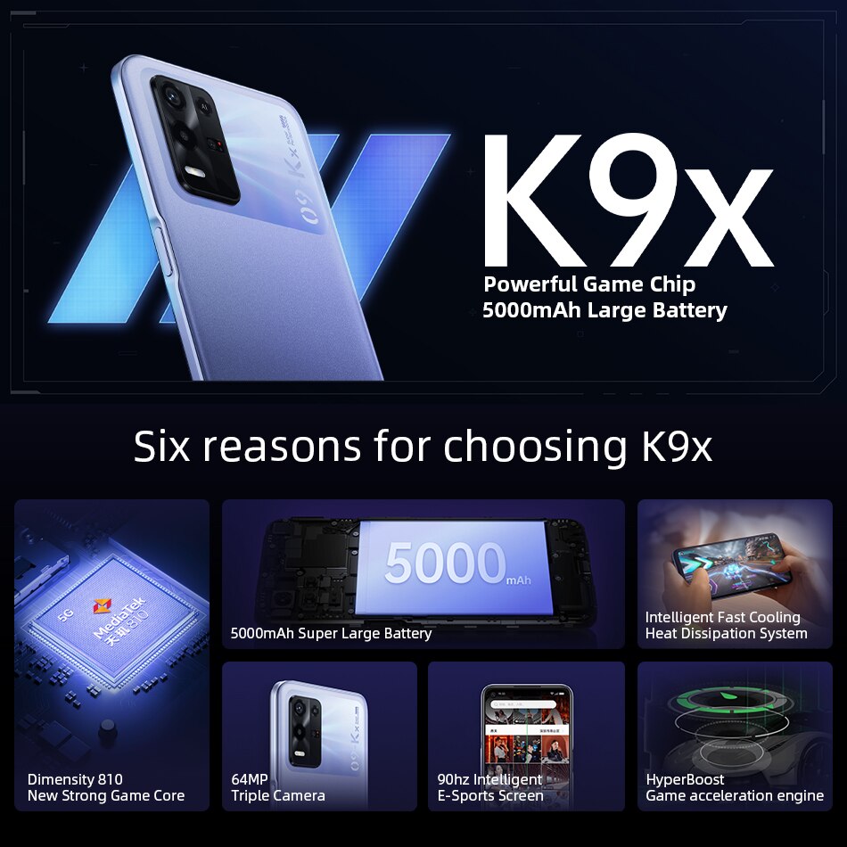 OPPO K9X 5G Smartphone Dimensity 810 Octa Core 6.5inch 90Hz FHD Screen 5000mAh Battery 64MP Camera Colos OS Mobile Phones