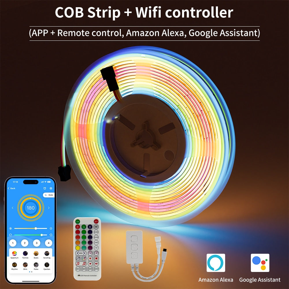 PAUTIX 12V/24V COB RGBIC Pixel Addressable LED Strip Light Kit Smart Wifi Bluetooth App Control Work With Alexa/Google Home