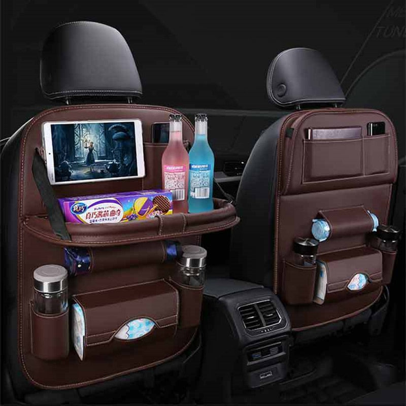 Car Back Seat Organizer Storage Bag with Foldable Table Tray Tablet Holder Tissue Box Auto Back Seat Bag Protector Accessories