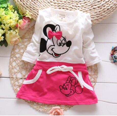 Baby Dresses Girl 2022 New Hot Fashion Cute Minnie Stitching Dress Pure Cotton Long Sleeve Female Baby Cartoon Print Mini Knee