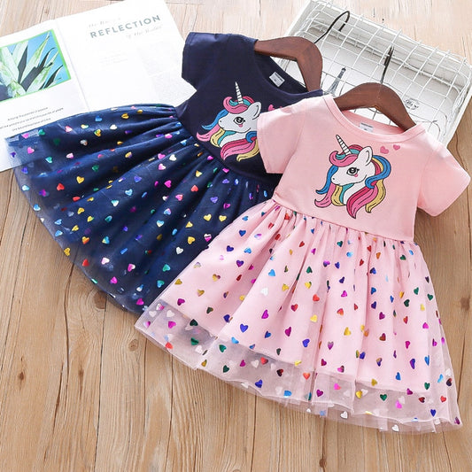 2022 New Summer Girls Dress Cotton Cartoon Unicorn Splicing Mesh Party Princess Dresses For 2-6 Years Girls Birthday Clothes