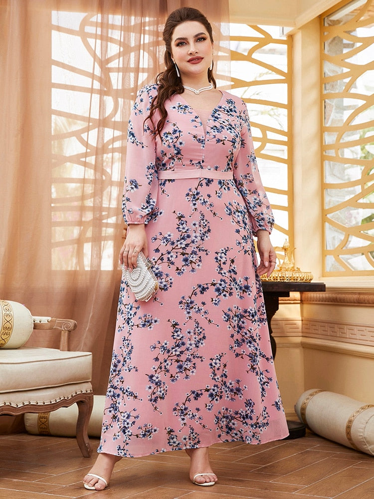 TOLEEN Women Large Plus Size Maxi Dresses 2022 Spring Pink Green Chic Elegant Long Sleeve Floral Evening Party Festival Clothing