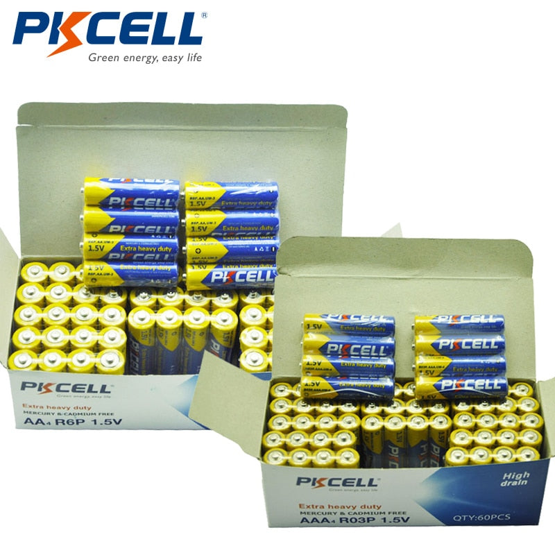 120 piece combo pack PKCELL 1.5V Extra Heavy Duty Battery 60pcs AA R6P+ 60pcs AAA R03P Carbon-Zinc Single Use Dry Batteries