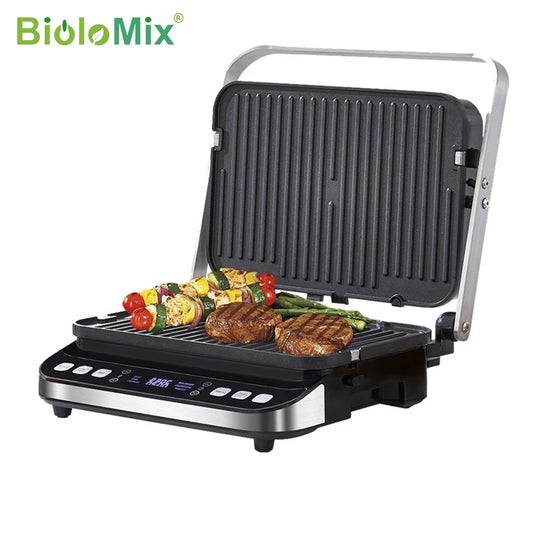 BioloMix 2000W Electric Contact Grill Digital Griddle and Panini Press, Optional Waffle Maker Plates, Opens 180 Degree Barbecue