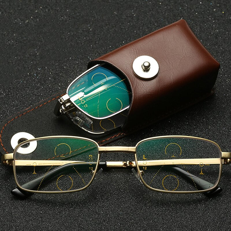 Folding Reading Glasses Portable Progressive Biofocal Eyewear Mens Parent Anti-Blue Ray Presbyopic Eyeglasses with Leather Case