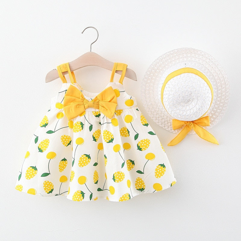 Summer Toddler Girl Clothes Set Baby Beach Dresses Cute Bow Plaid Sleeveless Cotton Newborn Princess Dress+Sunhat