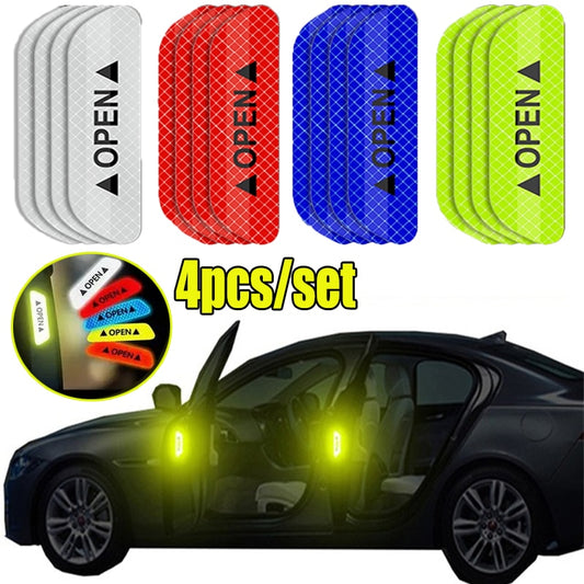 4Pcs Reflective Car Door Sticker Safety Opening Warning Reflector Tape Decal Auto Car Accessories Exterior Interior Reflector