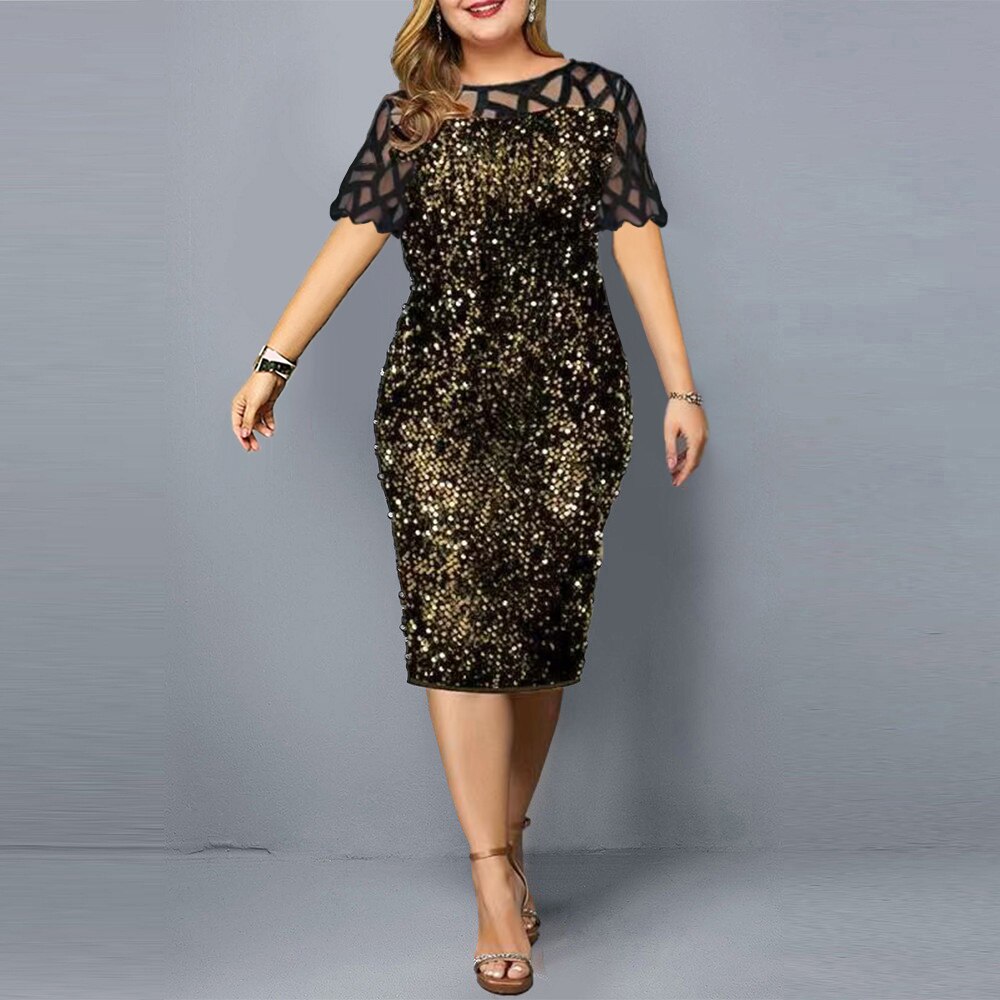 Plus Size Dresses Elegant Sequin Slim Party Dress for Women 2022 Summer Mesh Short Sleeve Midi Evening Club Dress Casual Outfits