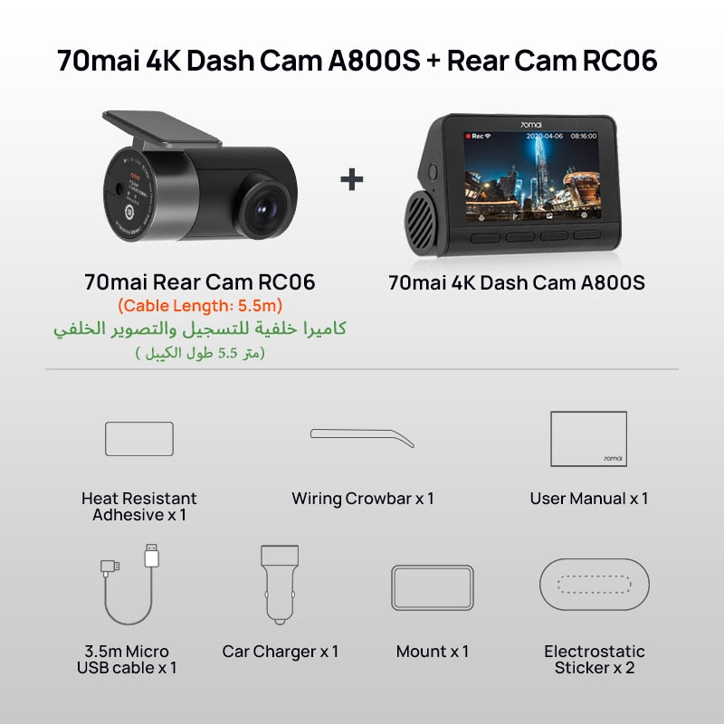 70mai 4K Dash Cam A800S Built-in GPS ADAS 140FOV 70mai Camera Car DVR A800S 24H Parking Monitior Support Rear or Interior Cam