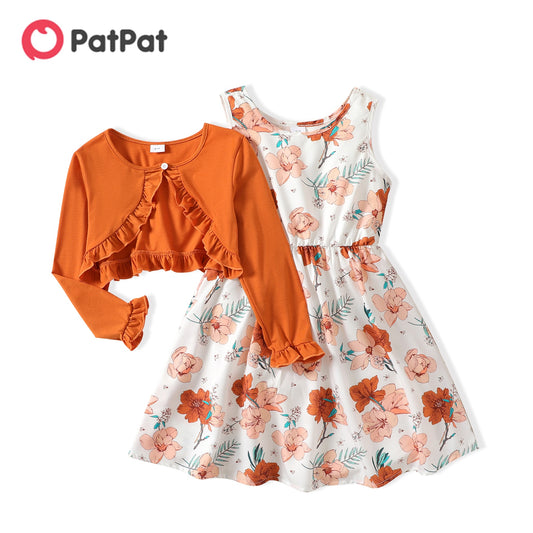 PatPat 2pcs Girl Kid's Dress Girls' Dress Sets Floral Print Sleeveless Dress and Ruffled Long-sleeve Orange Cardigan Set Dresses