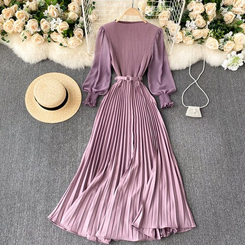 New 2021 Women Elegant Maxi Dress Spring Summer Patchwork Puff Long Sleeve Pleated Muslim Long Dresses Ladies Party Dress