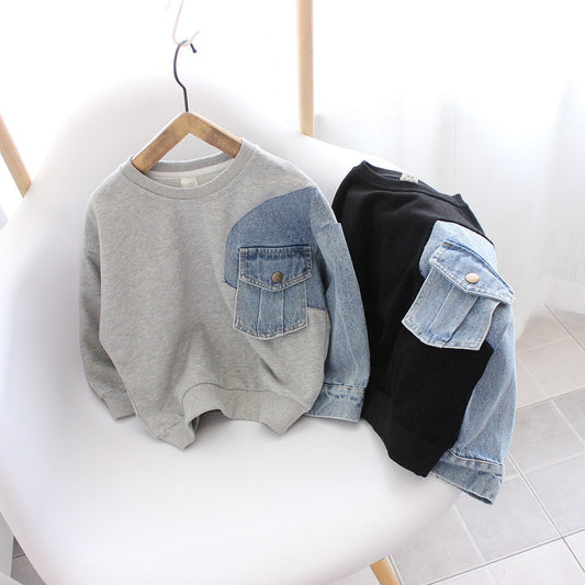 Autumn Kids Long Sleeve Sweatshirts Toddler Baby Boys Girls Colorblock Denim Sweatshirt Boys Cotton Sportswear Tops Clothing