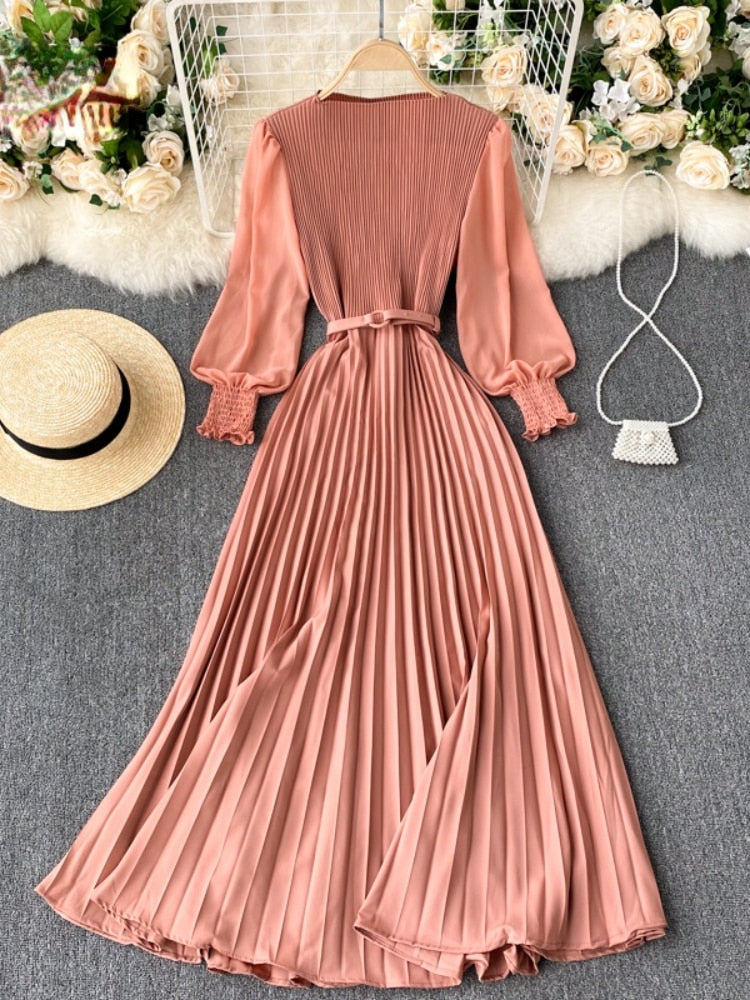 New 2021 Women Elegant Maxi Dress Spring Summer Patchwork Puff Long Sleeve Pleated Muslim Long Dresses Ladies Party Dress