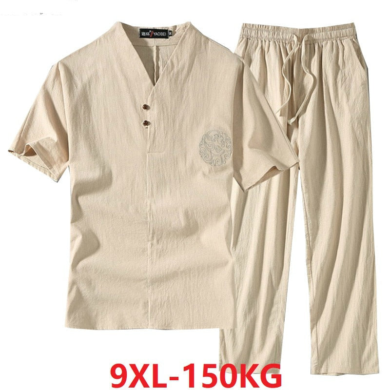 Men's Clothing Large Size Tracksuit Husband 2022 Summer Suit Linen t-shirt Fashion Male Set Chinese Style 8XL 9XL plus Two Piece