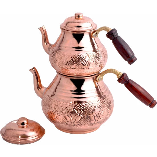 Turkish Copper Teapot Kettle Handmade 4 Pieces Kitchen Tea Set Traditional Tea Coffee Boiler Wooden Handle Gift Made in TURKEY