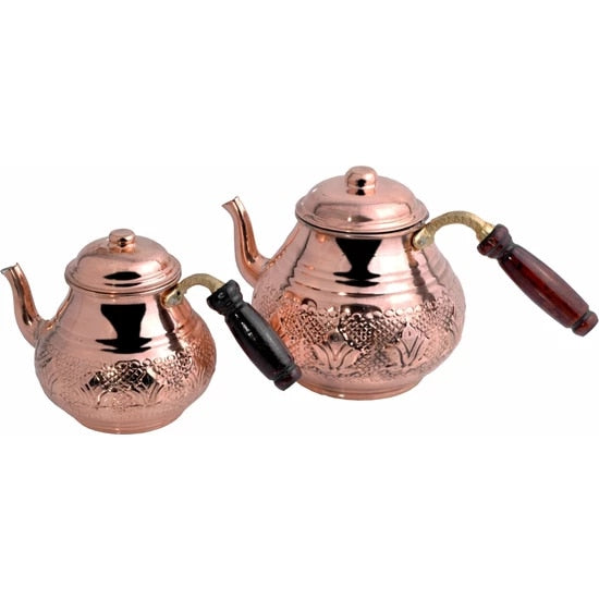 Turkish Copper Teapot Kettle Handmade 4 Pieces Kitchen Tea Set Traditional Tea Coffee Boiler Wooden Handle Gift Made in TURKEY