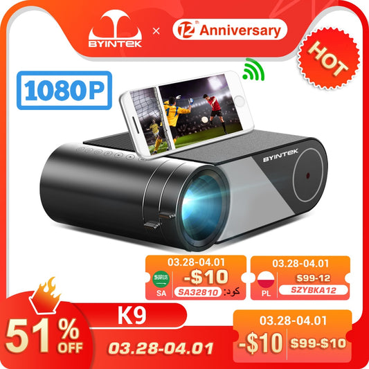 BYINTEK K9 Mini 1280*720P Portable Video Home Theater HD LED Projector for 1080P 3D 4K (Option Multi-Screen For Iphone）