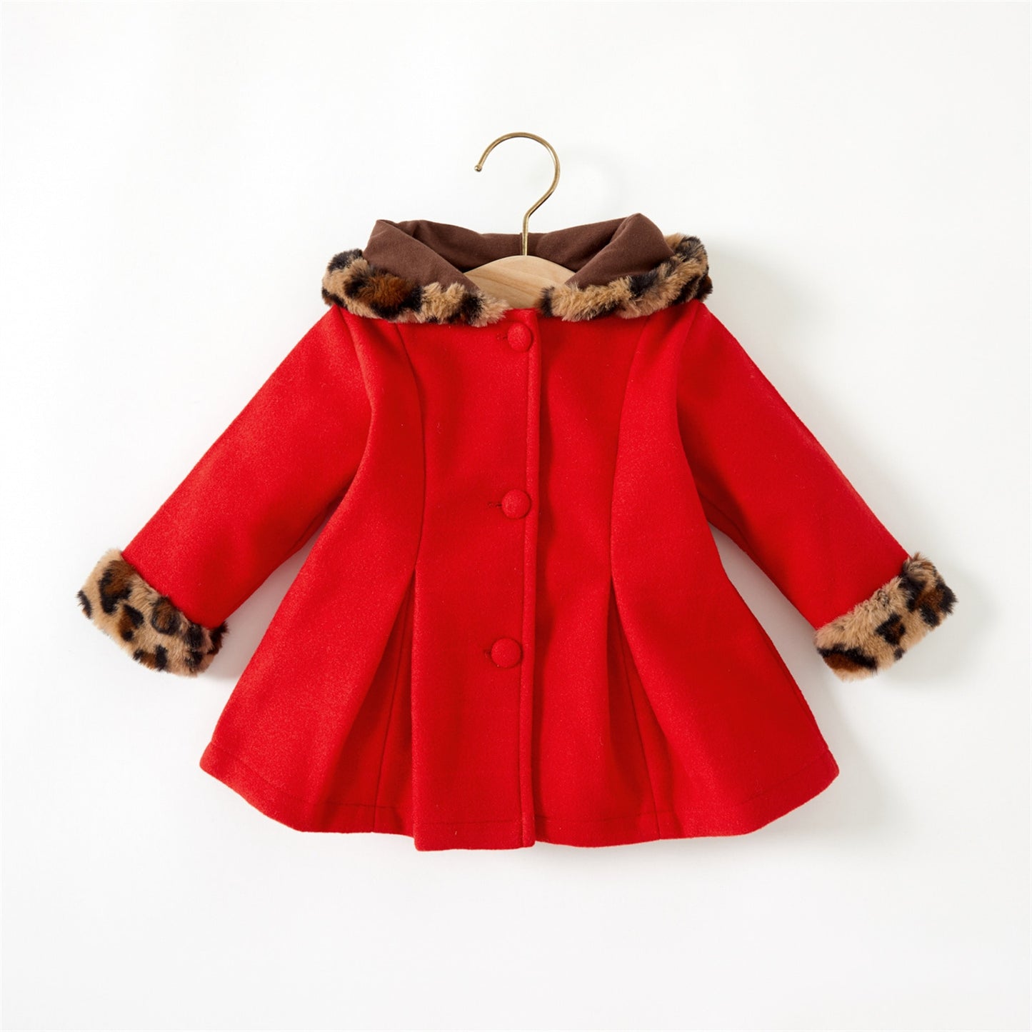 PatPat Baby Red Long-sleeve Button Down Leopard Hooded Wool Blend Coat