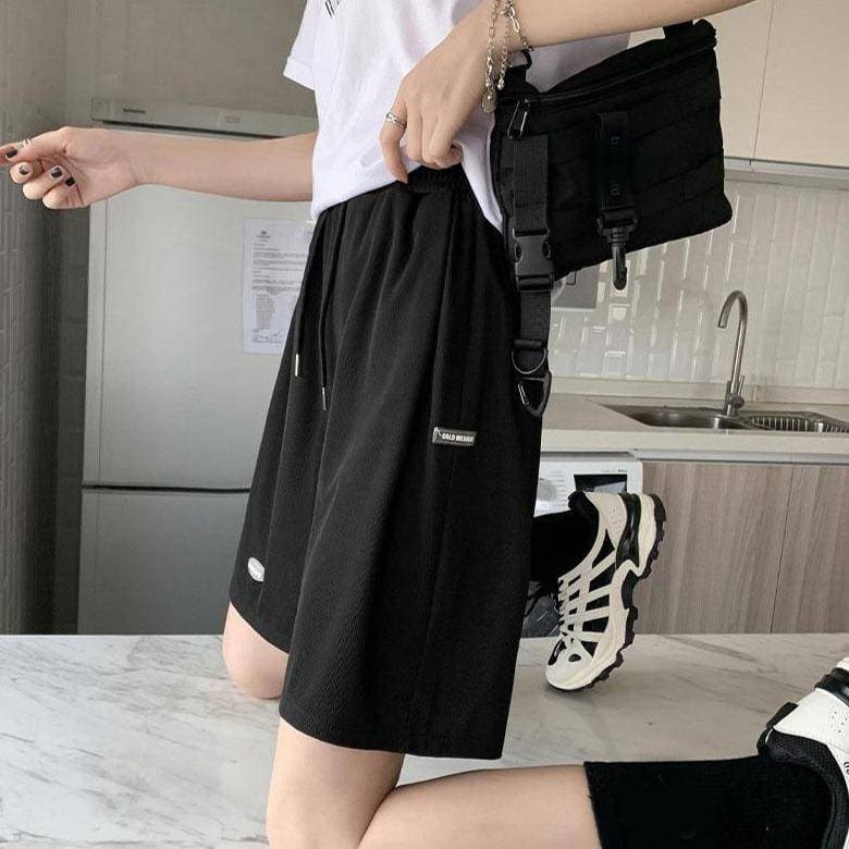 High Waisted Loose Drawstring Black Biker Shorts